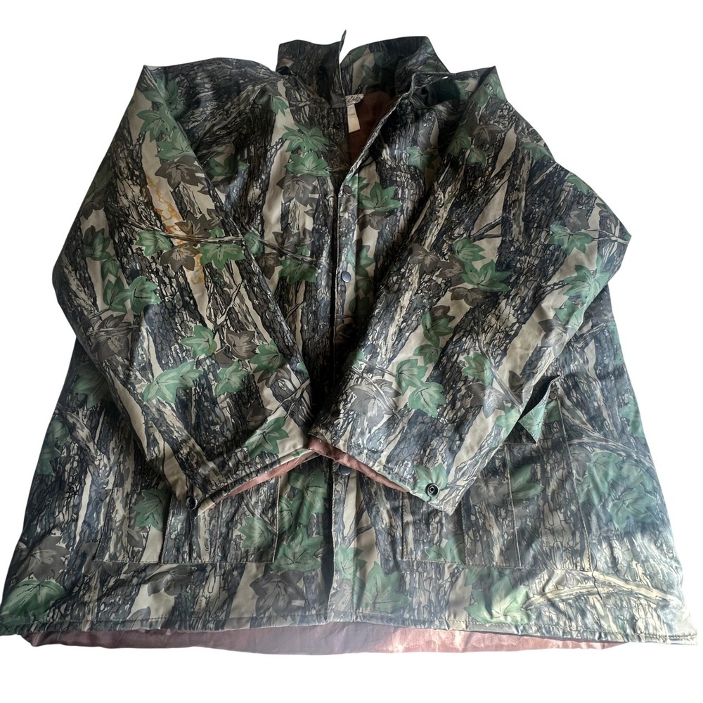 Vintage Duck Bay Mens Camo Rain Jacket Hood Quilted Lined PVC Camouflage Size L